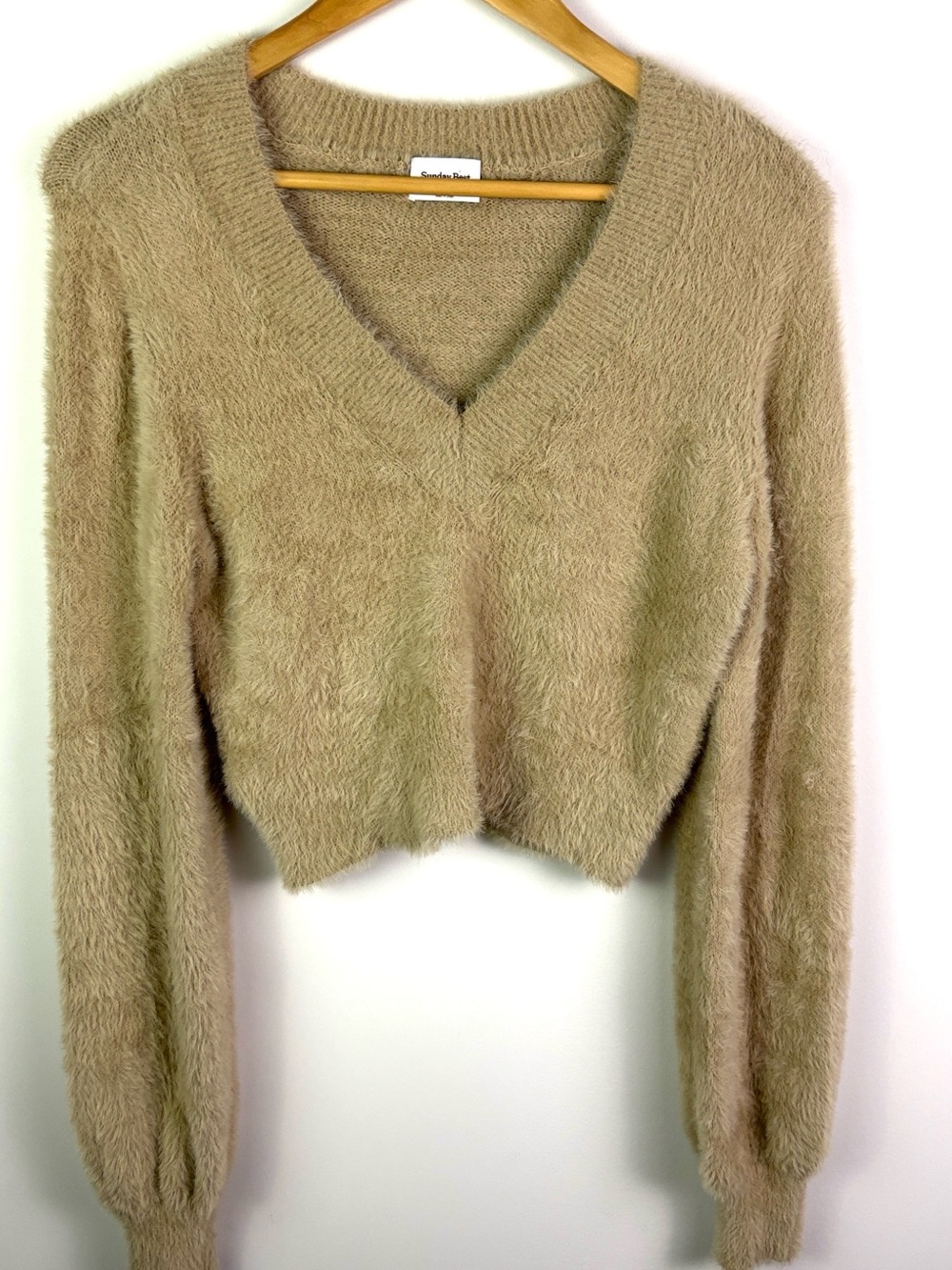 Aritzia Sunday Best v-Neck Fuzzy Cropped Sweater in Taupe size XS